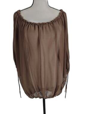 Revolution Women Brown Sheer Chiffon Peasant Blouse Large Boho Top